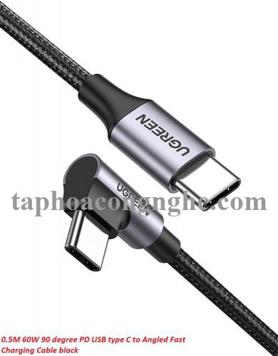 Ugreen 50122 0.5M 60W bẻ góc 90 độ hỗ trợ sạc nhanh PD cáp USB type C màu đen mạ nickel đầu bọc nhôm US255 30050122